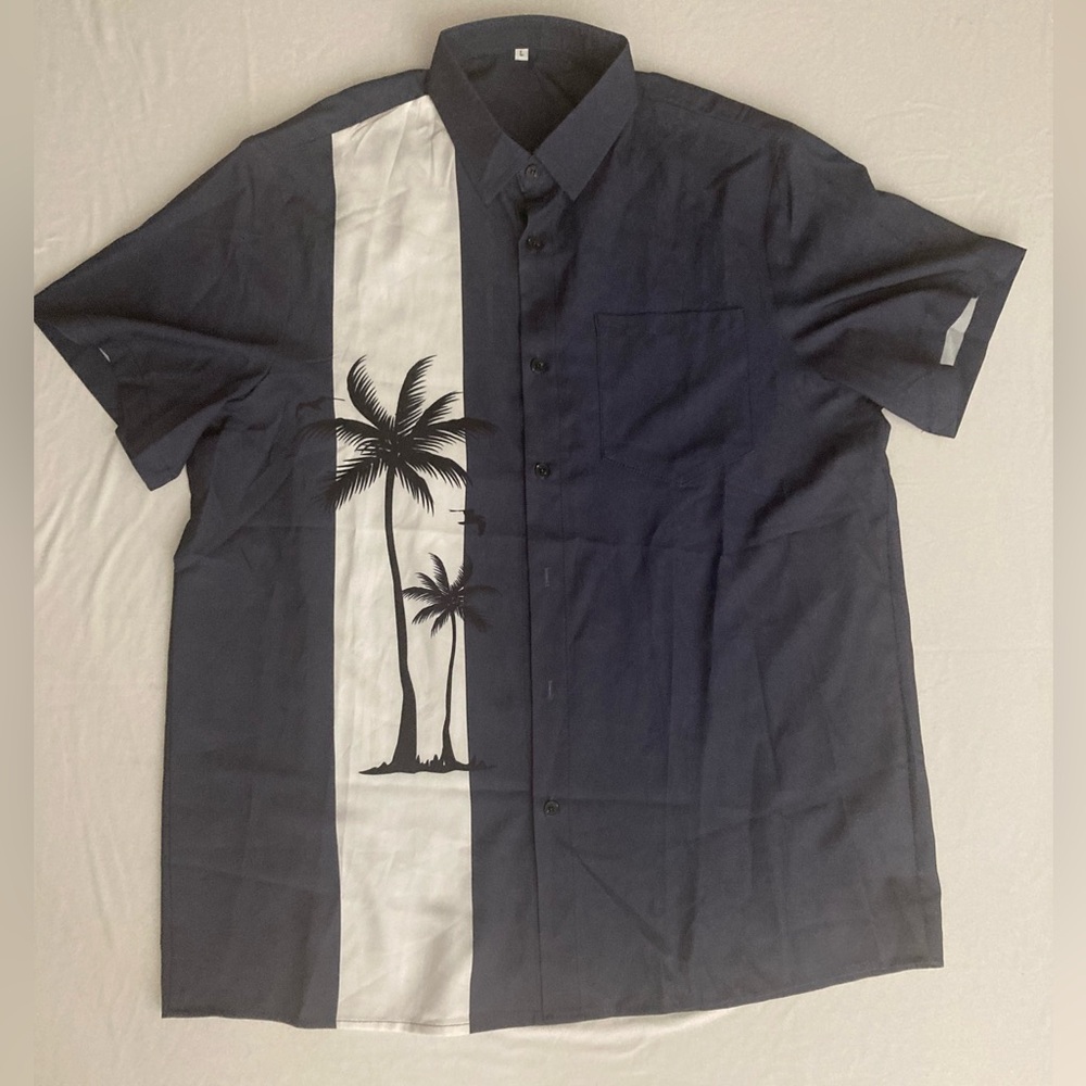 Men’s Boutique Navy and White Palm Tree Print Short Sleeve Button Down Shirt